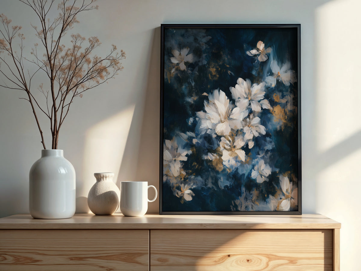 Close-up of Midnight Ivory Blossom showing ivory flower forms scattered diagonally across deep midnight navy with subtle warm gold accents
