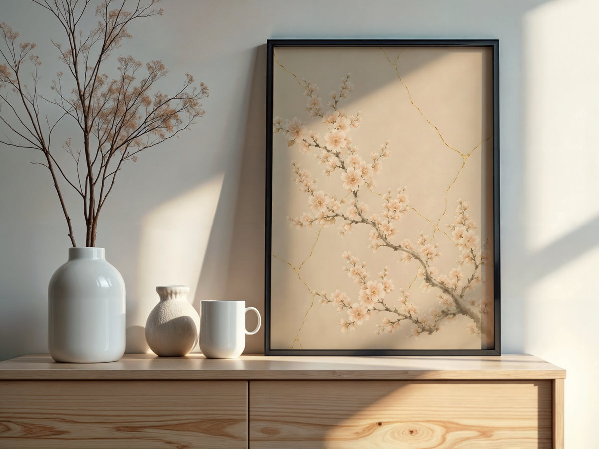 Ivory Kintsugi Bloom styled crop — Japandi art ivory and gold kintsugi palette detail