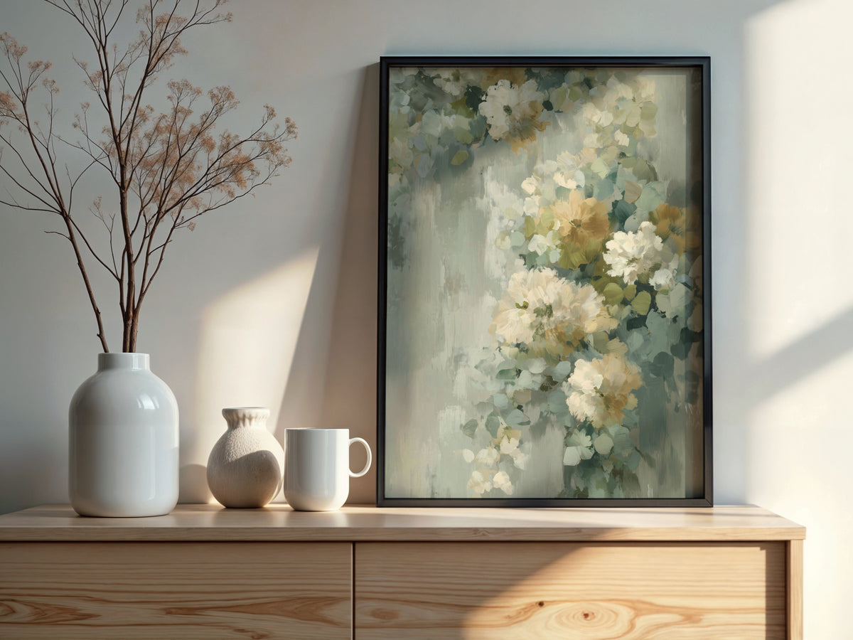 Close-up of Sage Mist Blossom showing cascading cream and sage botanical forms with muted warm amber details against pale sage mist ground