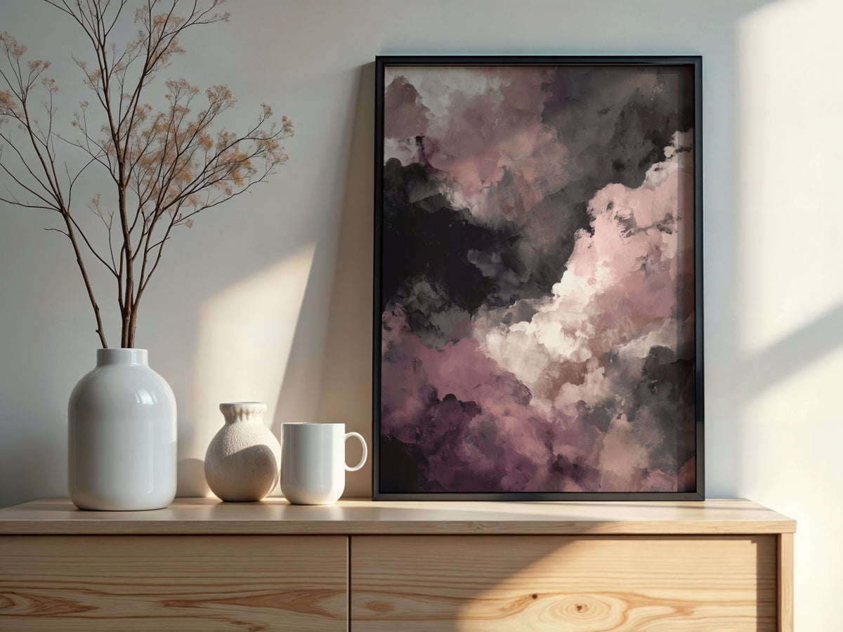 Close-up of Dusty Rose Mist showing luminous white mist rising through deep charcoal and dusty rose masses