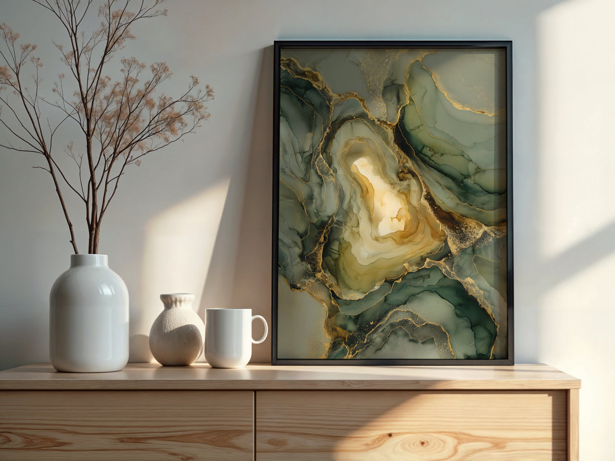 Close-up of Sage Gold showing layered amber geode cavity surrounded by deep sage and eucalyptus masses with antique gold veining
