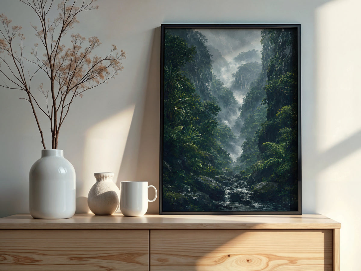 Black River Gorges Mist styled detail — dark basalt and deep green rainforest palette close-up