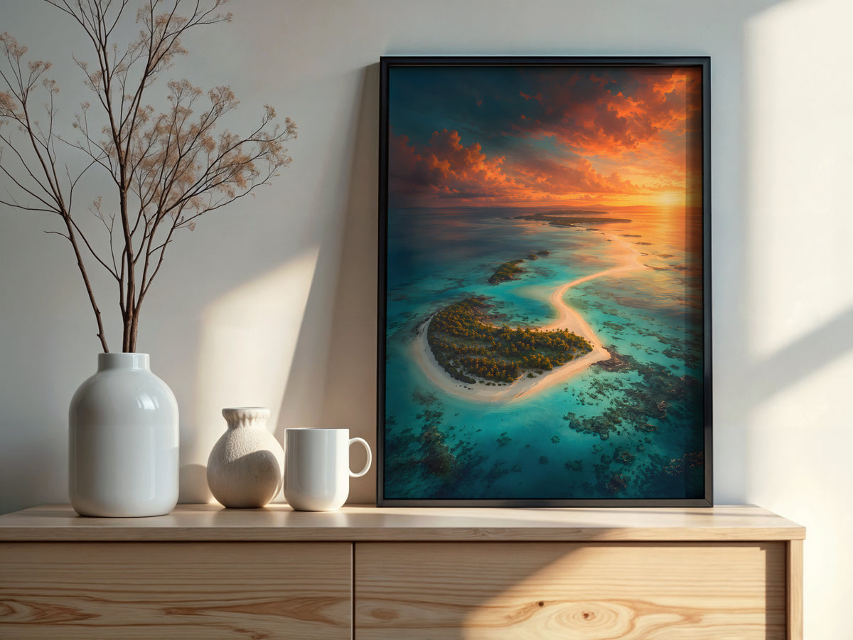 Île aux Cerfs styled detail — teal lagoon and coral reef aerial palette close-up