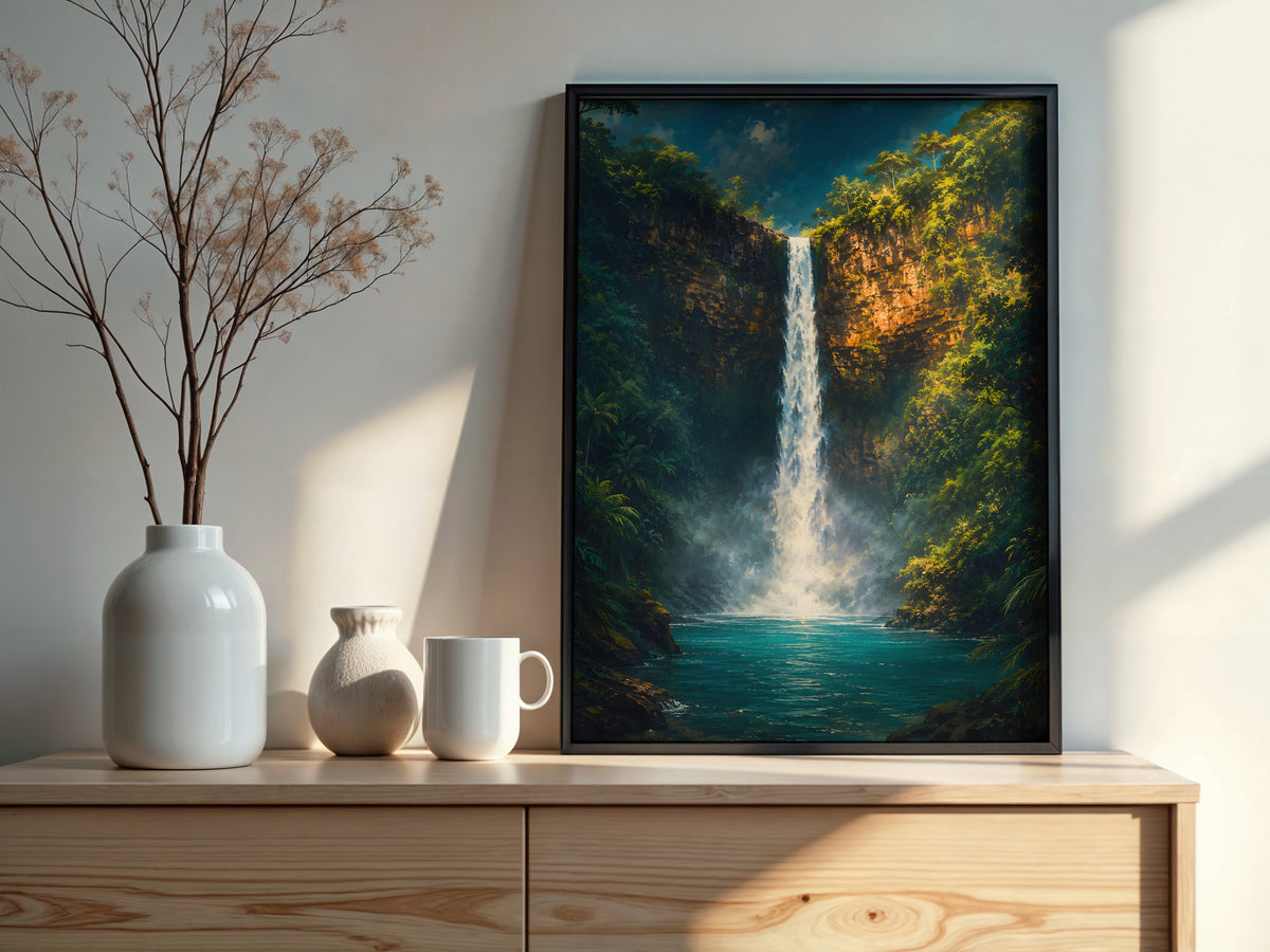 Chamarel Falls styled detail — white waterfall and deep green tropical foliage palette close-up