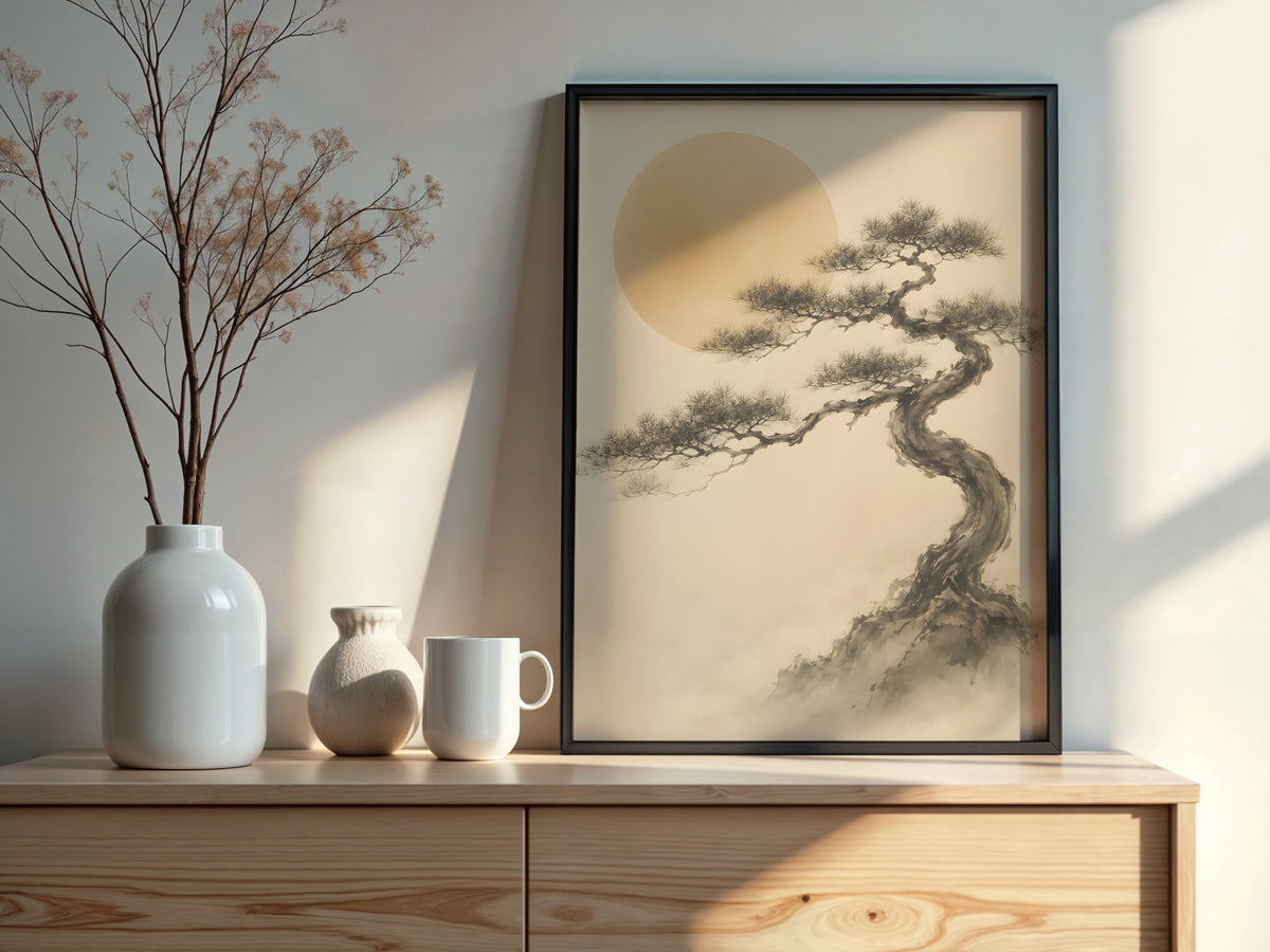 Ivory Black Pine Mist styled detail — Japandi art ivory and graphite pine palette close-up
