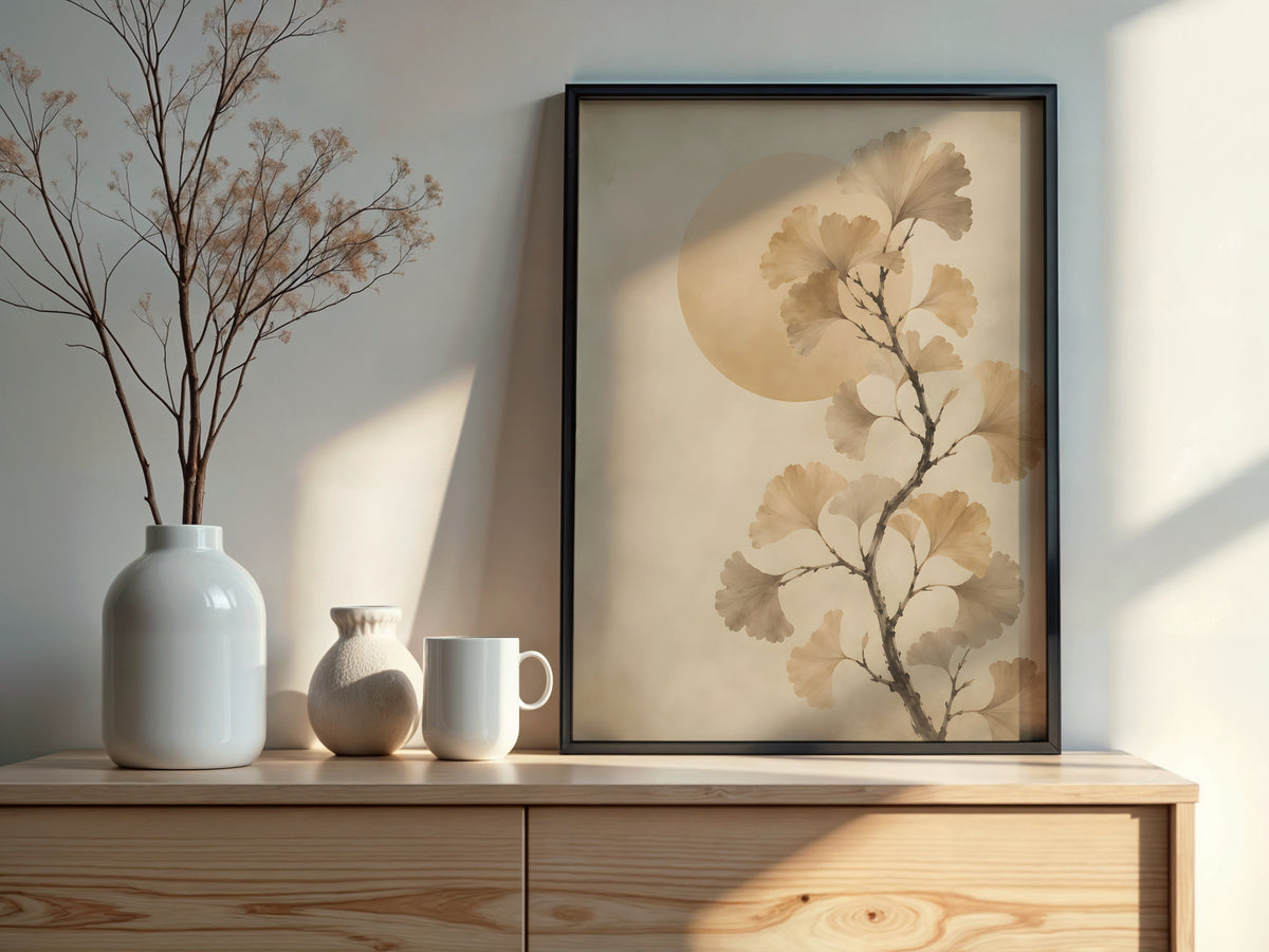 Ivory Ginkgo Sun styled detail — Japandi art ochre and ivory ginkgo palette close-up