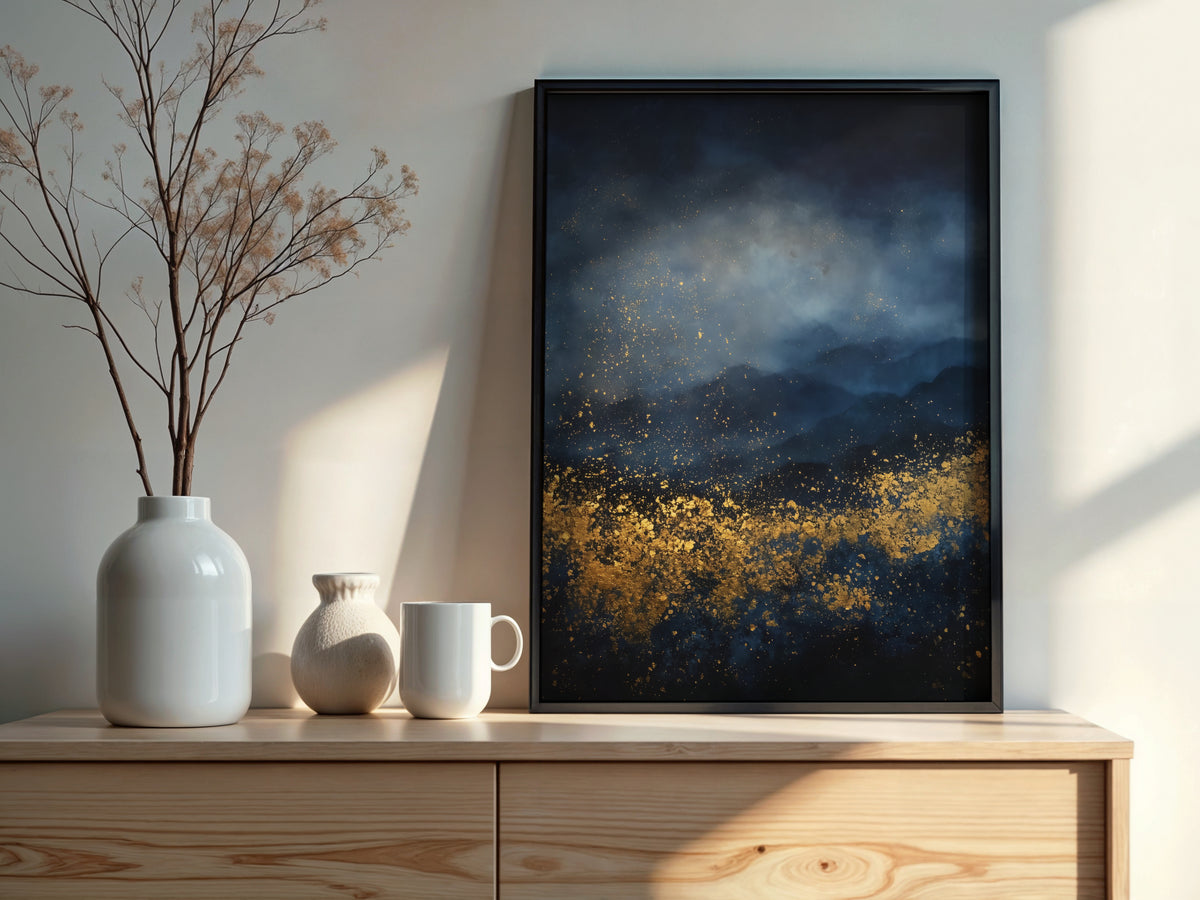 Close-up of Navy Gold Drift showing gold scatter dispersal and deep navy painterly atmospheric texture