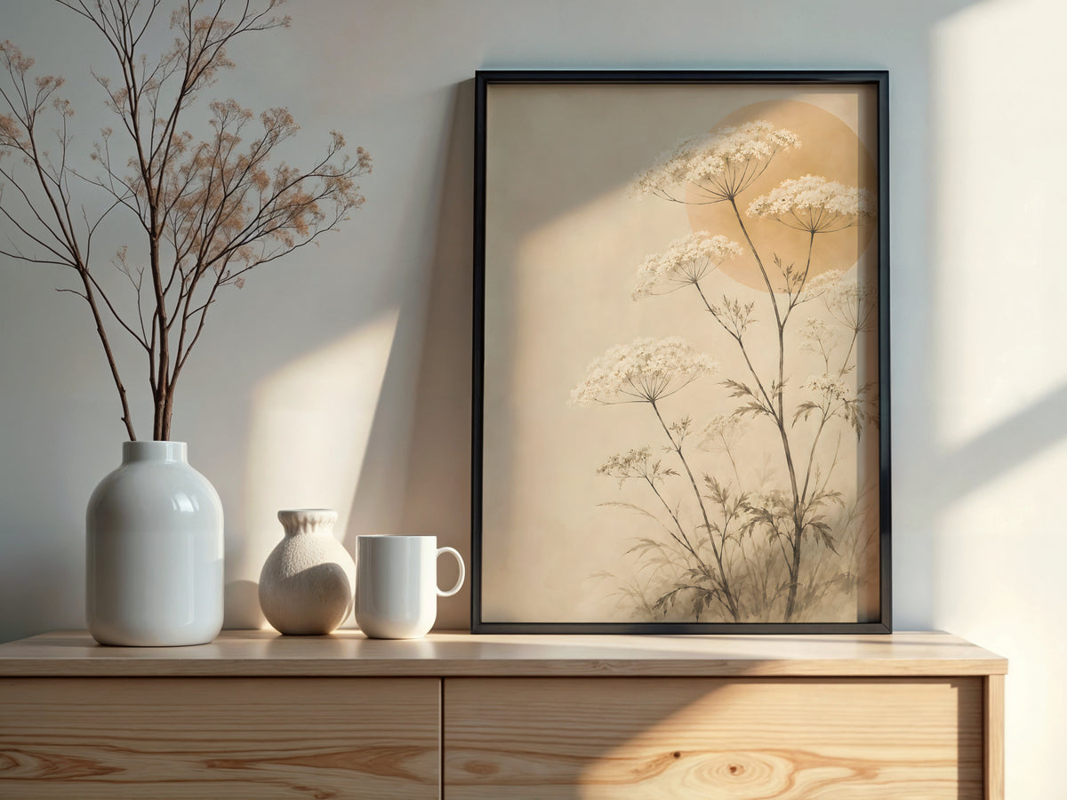 Ivory Wild Herbs styled detail — Japandi art warm ivory and sage herb palette close-up