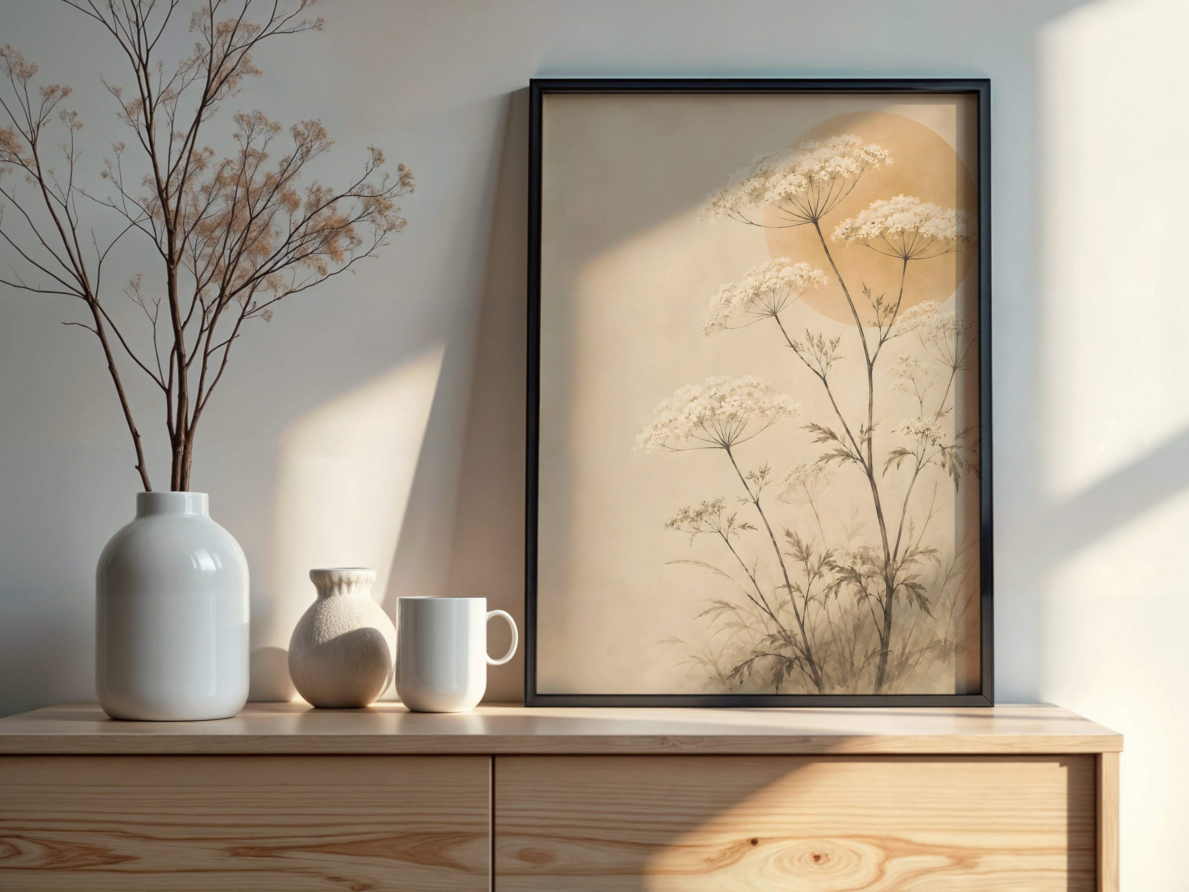 Ivory Wild Herbs styled detail — Japandi art warm ivory and sage herb palette close-up