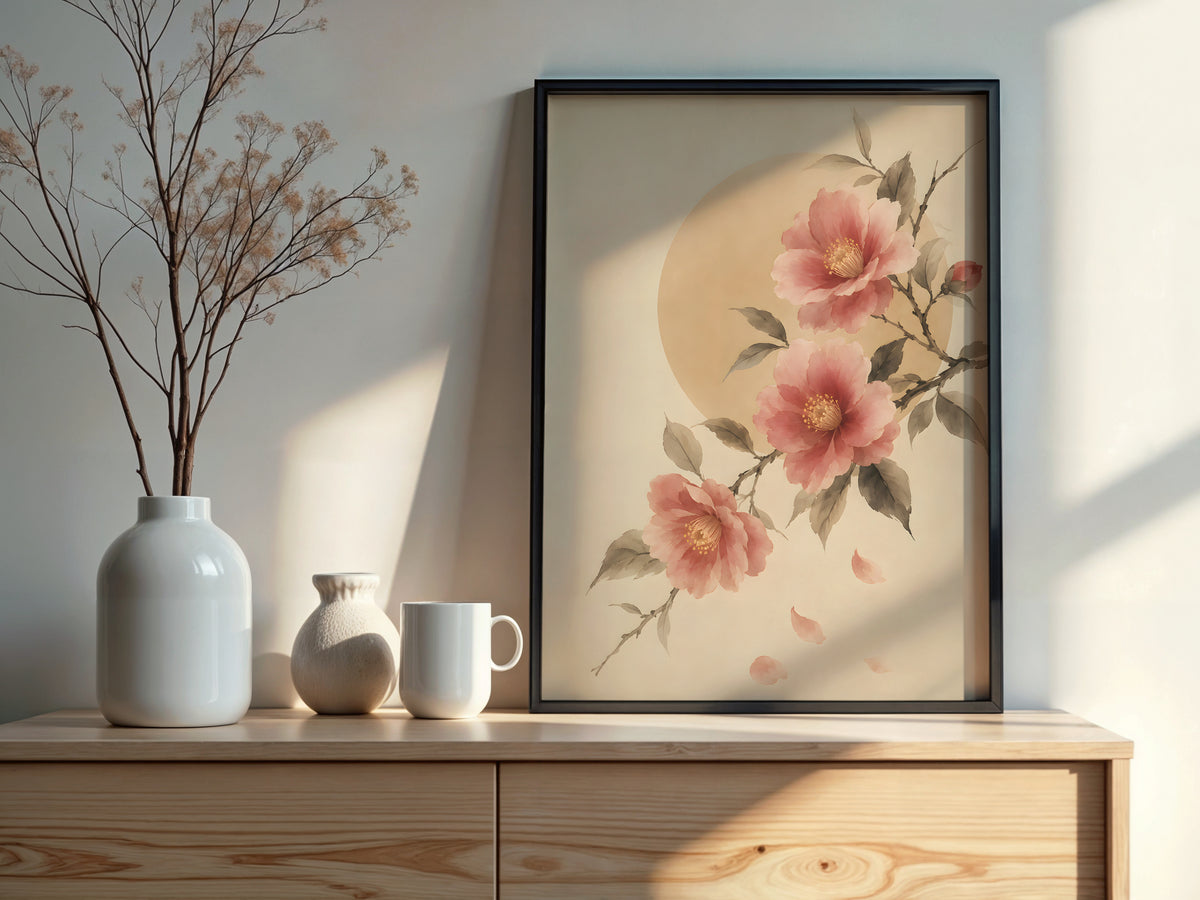 Ivory Camellia Bloom styled detail — Japandi art rose and ivory camellia palette close-up