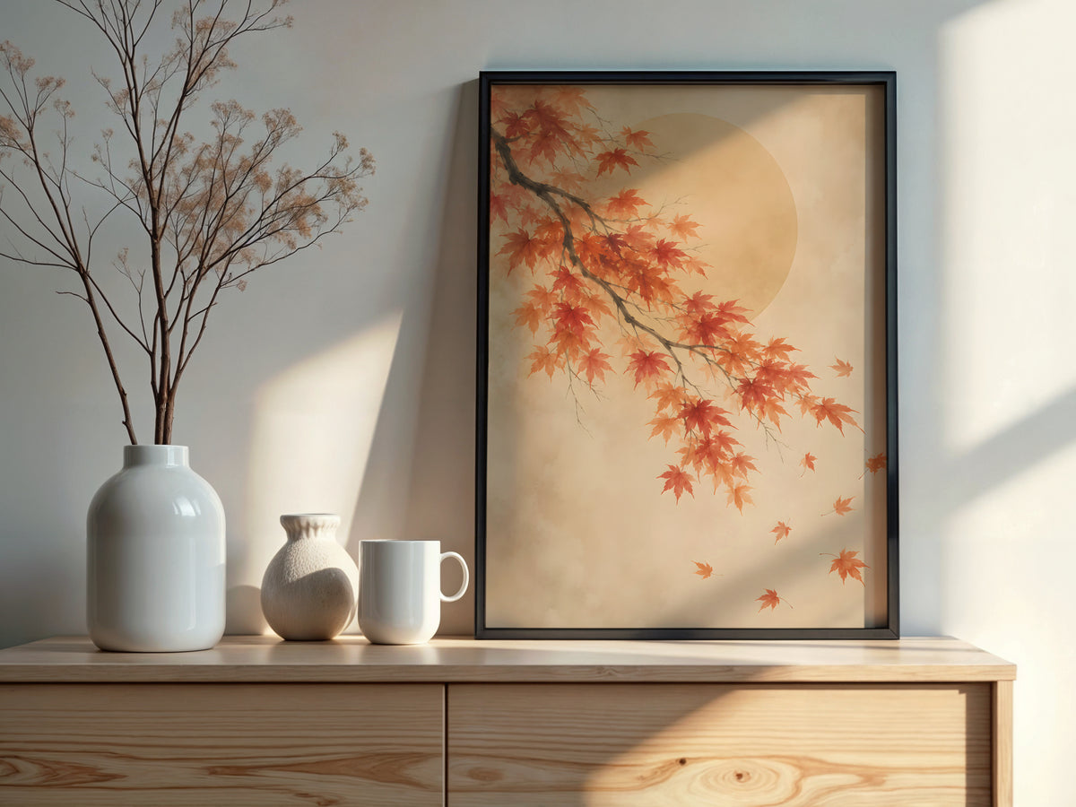 Ivory Maple Drift styled detail — Japandi art crimson and amber maple leaf palette close-up