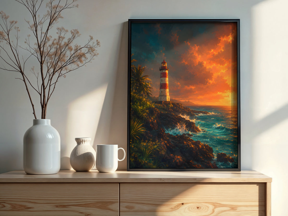 Albion Lighthouse styled detail — fiery sunset and rocky coastline palette close-up