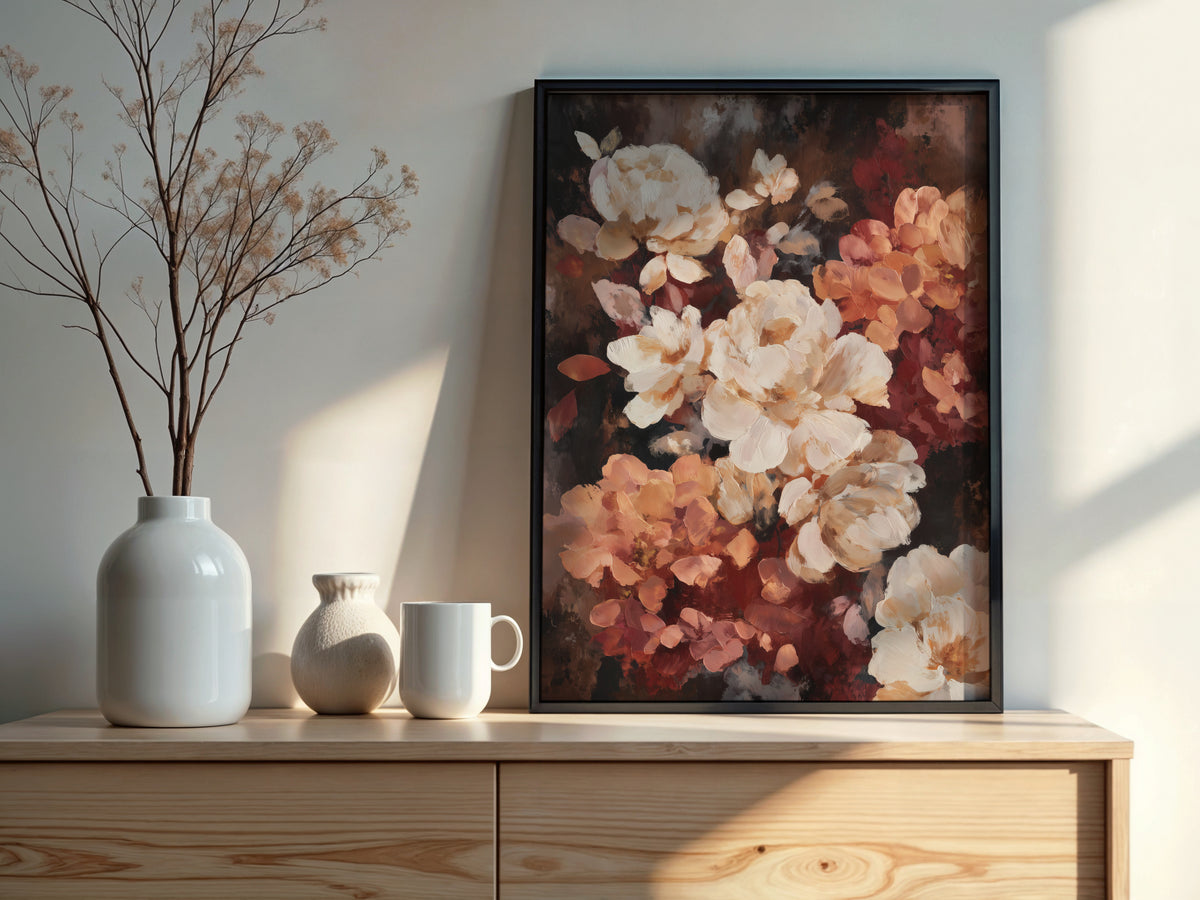 Close-up of Terracotta Peony Nocturne showing large cream peony focal forms with warm terracotta and rose surrounding flowers on deep umber ground
