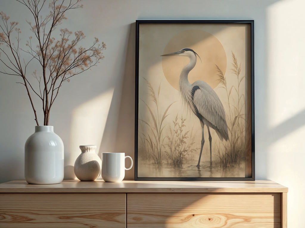 Ivory Heron Marsh styled detail — Japandi art warm ivory and grey heron palette close-up