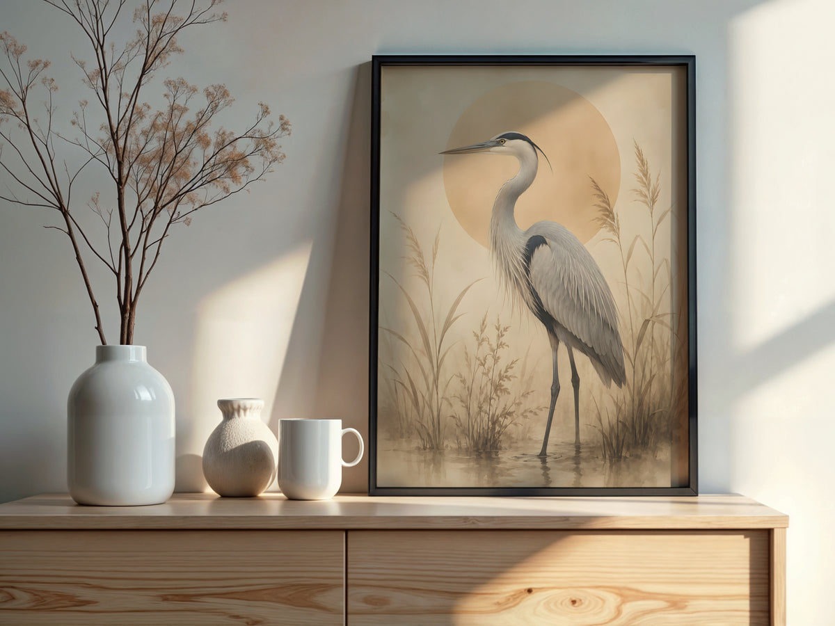 Ivory Heron Marsh styled detail — Japandi art warm ivory and grey heron palette close-up
