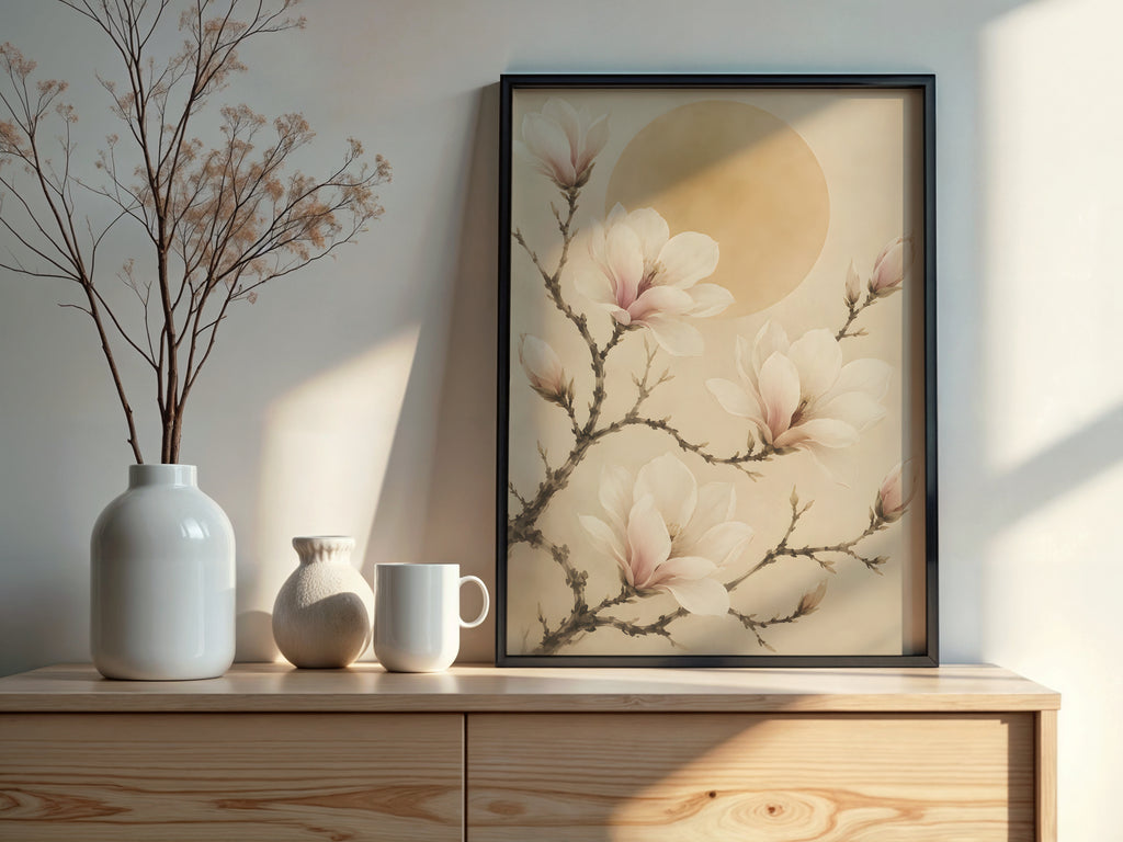 Ivory Magnolia Branch styled detail — Japandi art ivory and cream magnolia palette close-up