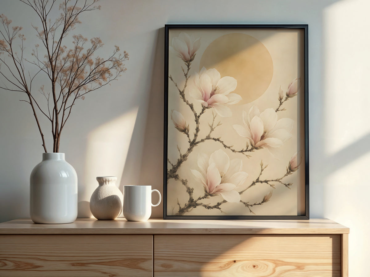 Ivory Magnolia Branch styled detail — Japandi art ivory and cream magnolia palette close-up