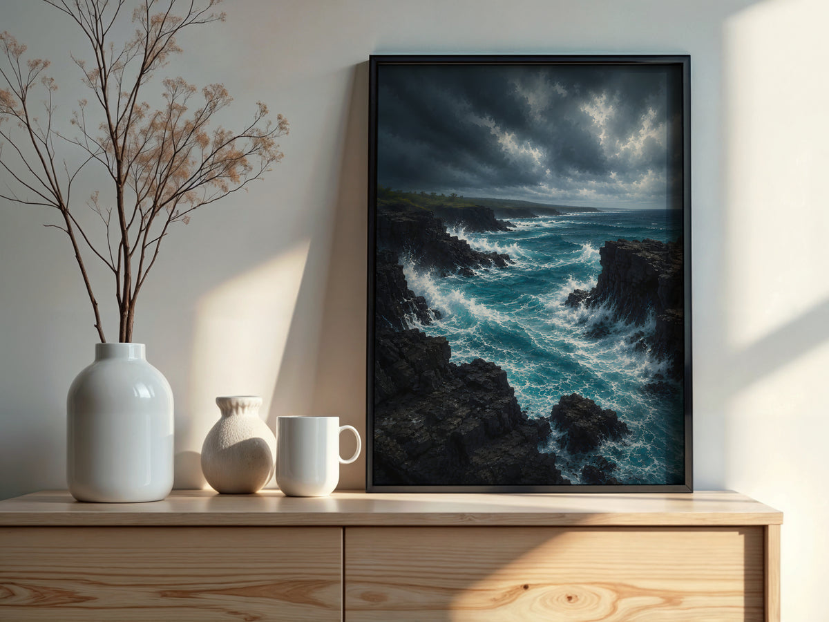 Black Volcanic Coastline styled detail — dark basalt and teal storm ocean palette close-up