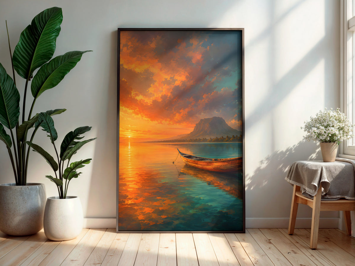 Pirogue Still Water in a secondary interior — printable Mauritius wall art for living rooms and coastal spaces