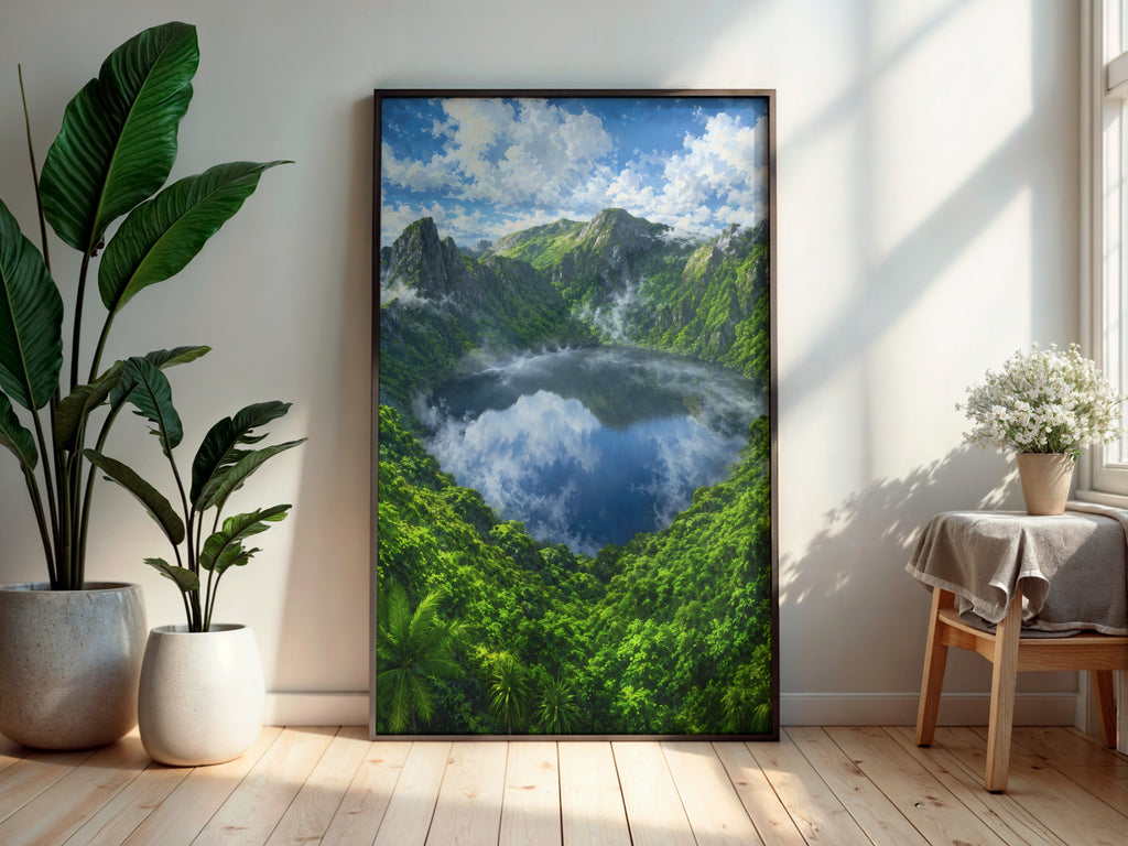 Grand Bassin Sacred Lake printable wall art displayed in a secondary lifestyle interior setting