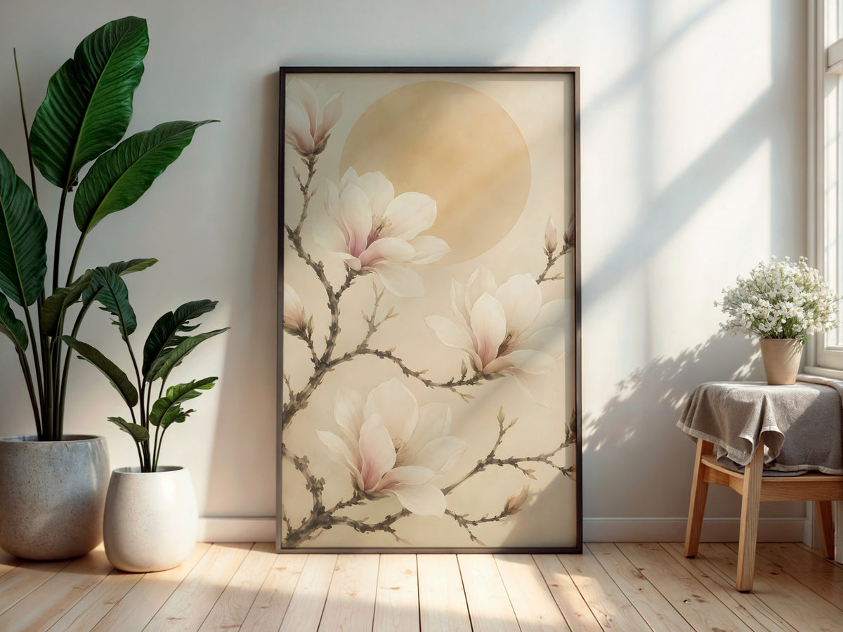 Ivory Magnolia Branch in a secondary interior — printable Japandi wall art for bedrooms and living rooms