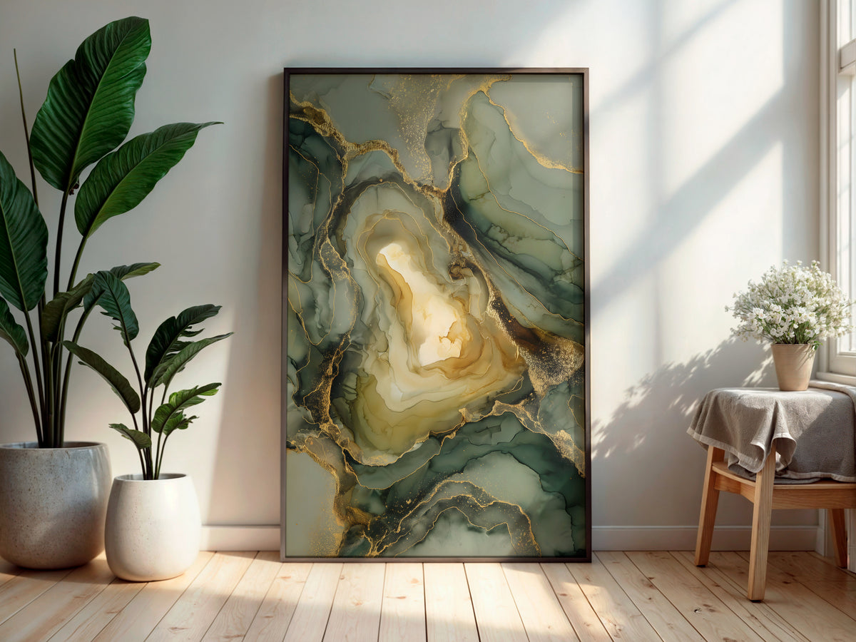 Sage Gold printable wall art displayed in a secondary lifestyle interior setting
