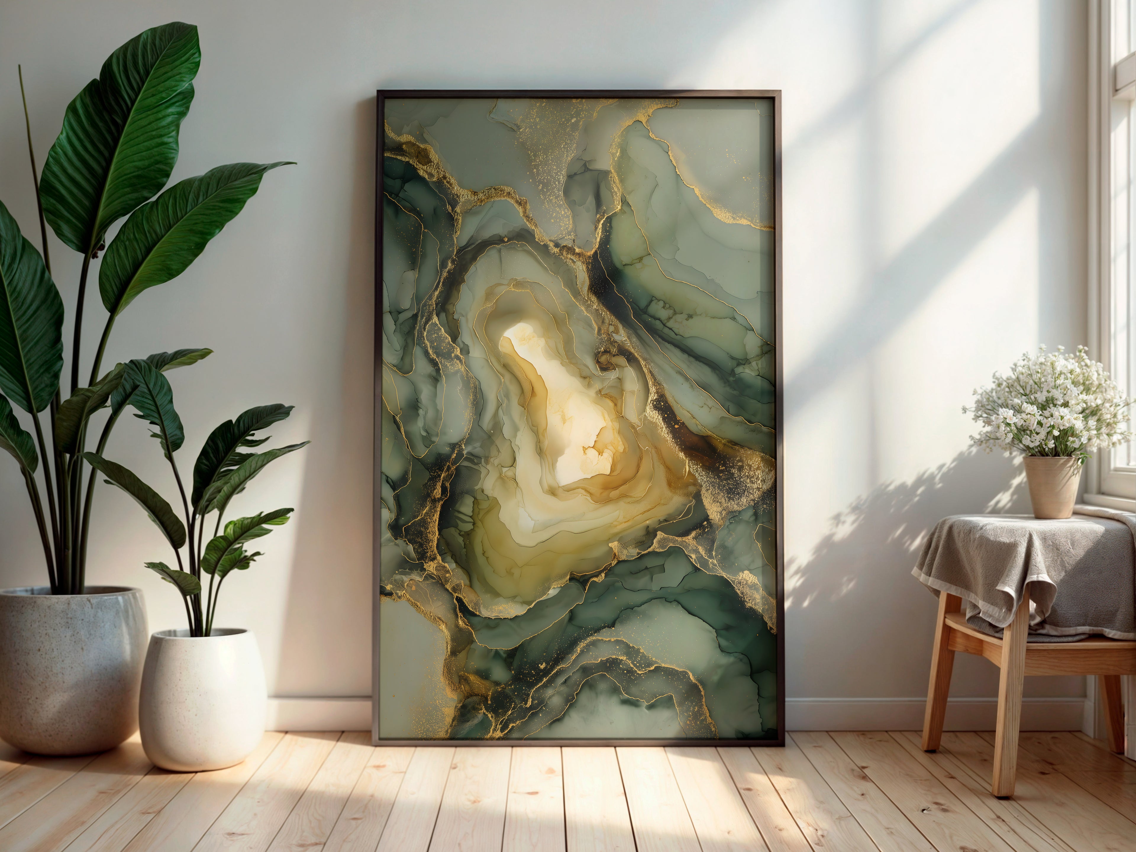 Sage Gold printable wall art displayed in a secondary lifestyle interior setting