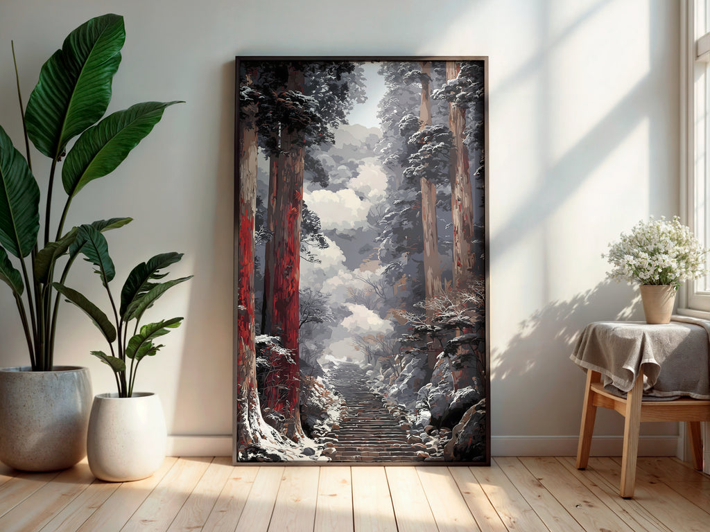 Snow Cedar Stairway wall art — final artwork — vivid red-brown cedar bark against cool grey-blue snow and deep charcoal pine canopy