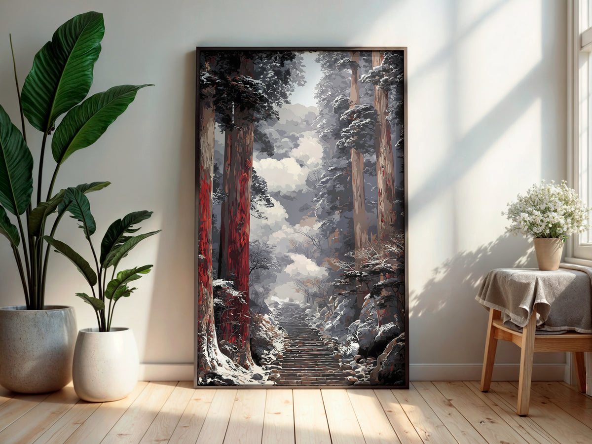 Snow Cedar Stairway wall art — final artwork — vivid red-brown cedar bark against cool grey-blue snow and deep charcoal pine canopy