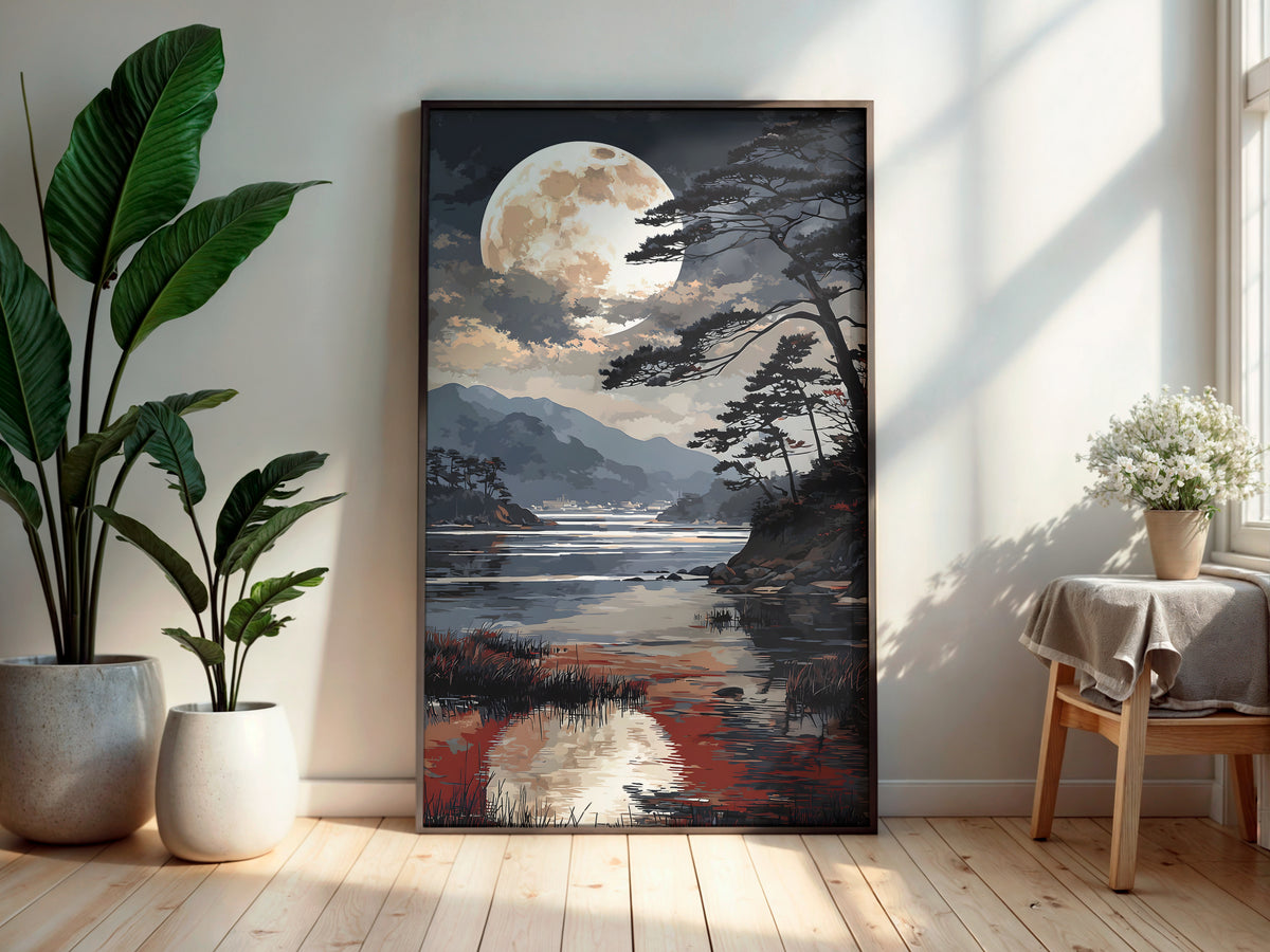 Indigo Moon Inlet wall art — final artwork — massive pale moon with luminous water reflection path and sculptural pine against cool grey-blue inlet