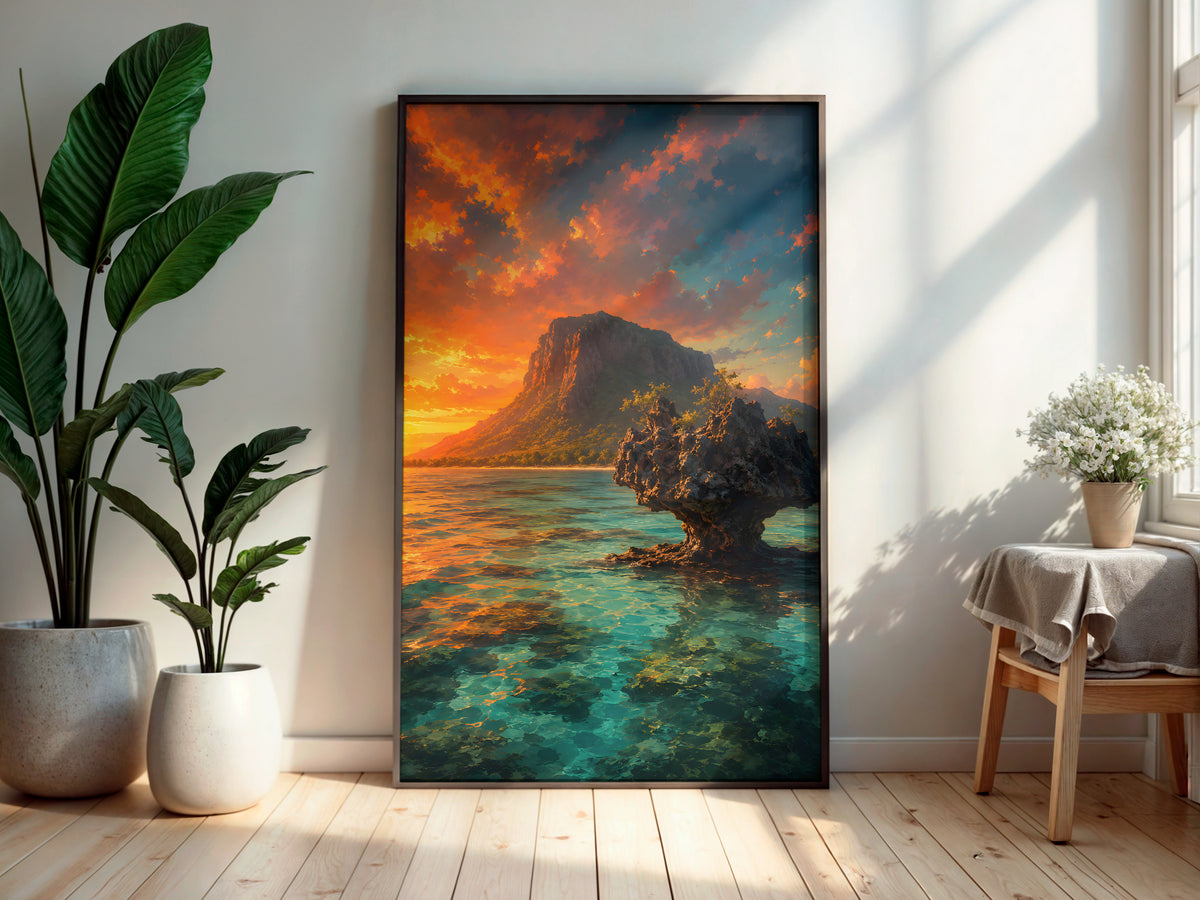 Crystal Rock Lagoon in a secondary interior — printable Mauritius wall art for living rooms and coastal spaces