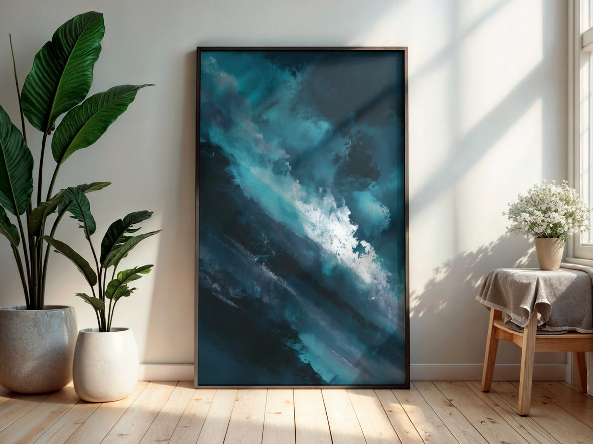Petrol Storm Passage printable wall art displayed in a secondary lifestyle interior setting