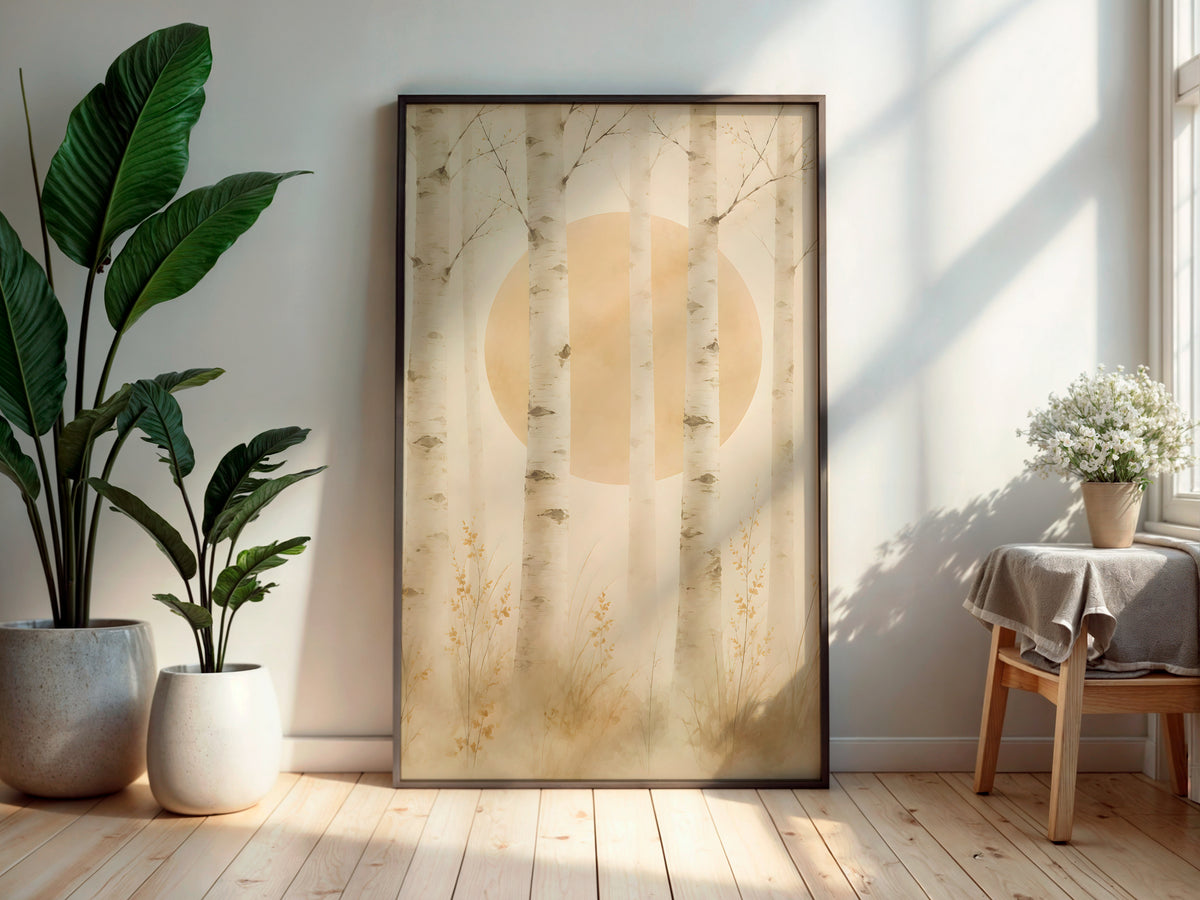 Ivory Birch Forest in a secondary interior — printable Japandi wall art for living rooms and hallways