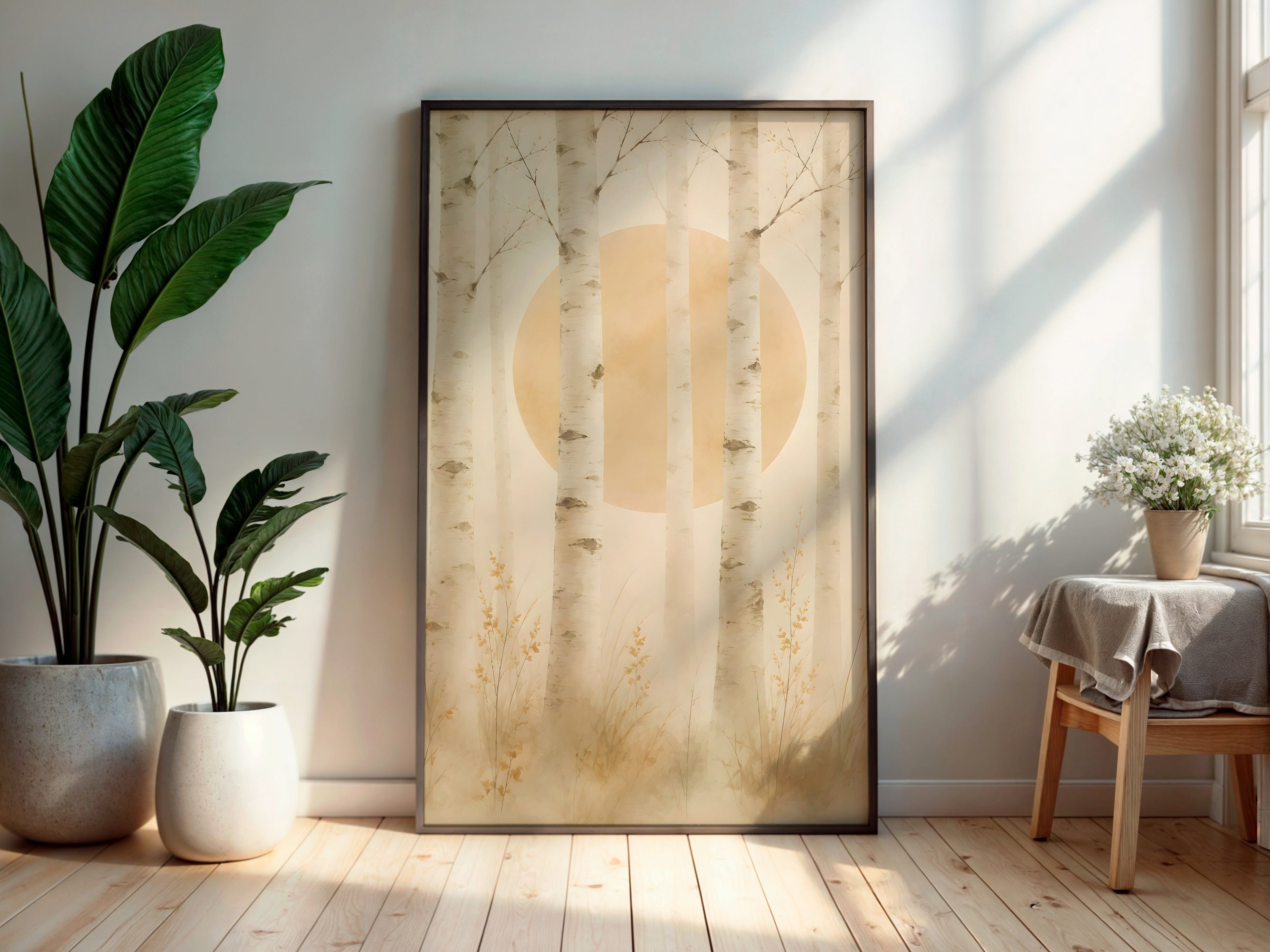 Ivory Birch Forest in a secondary interior — printable Japandi wall art for living rooms and hallways