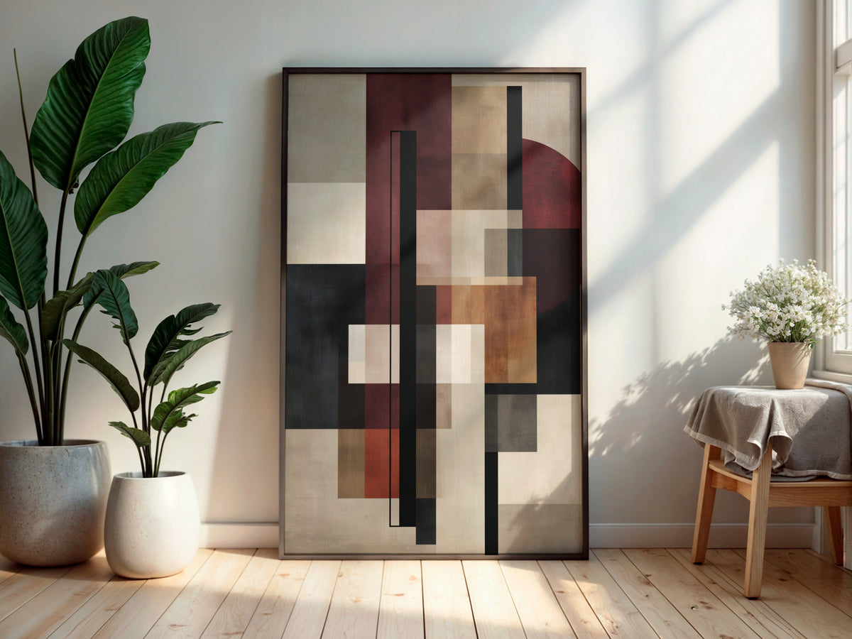 Oxblood Linen Balance printable wall art displayed in a secondary lifestyle interior setting