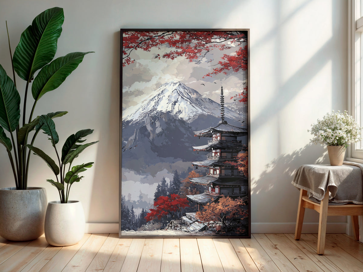 Crimson Fuji Temple wall art — final artwork — cool grey-blue mountain with crimson maple and deep charcoal pine