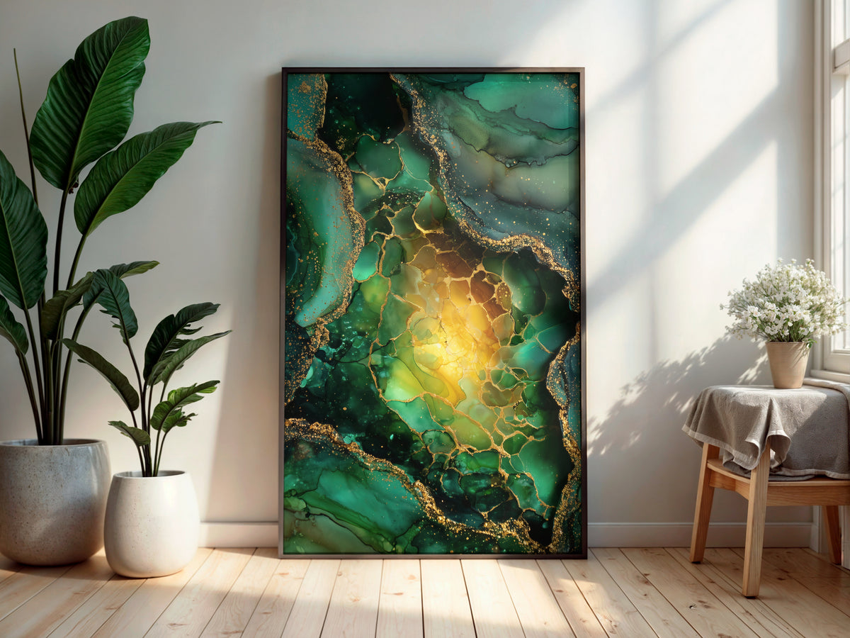 Emerald Gold printable wall art displayed in a secondary lifestyle interior setting