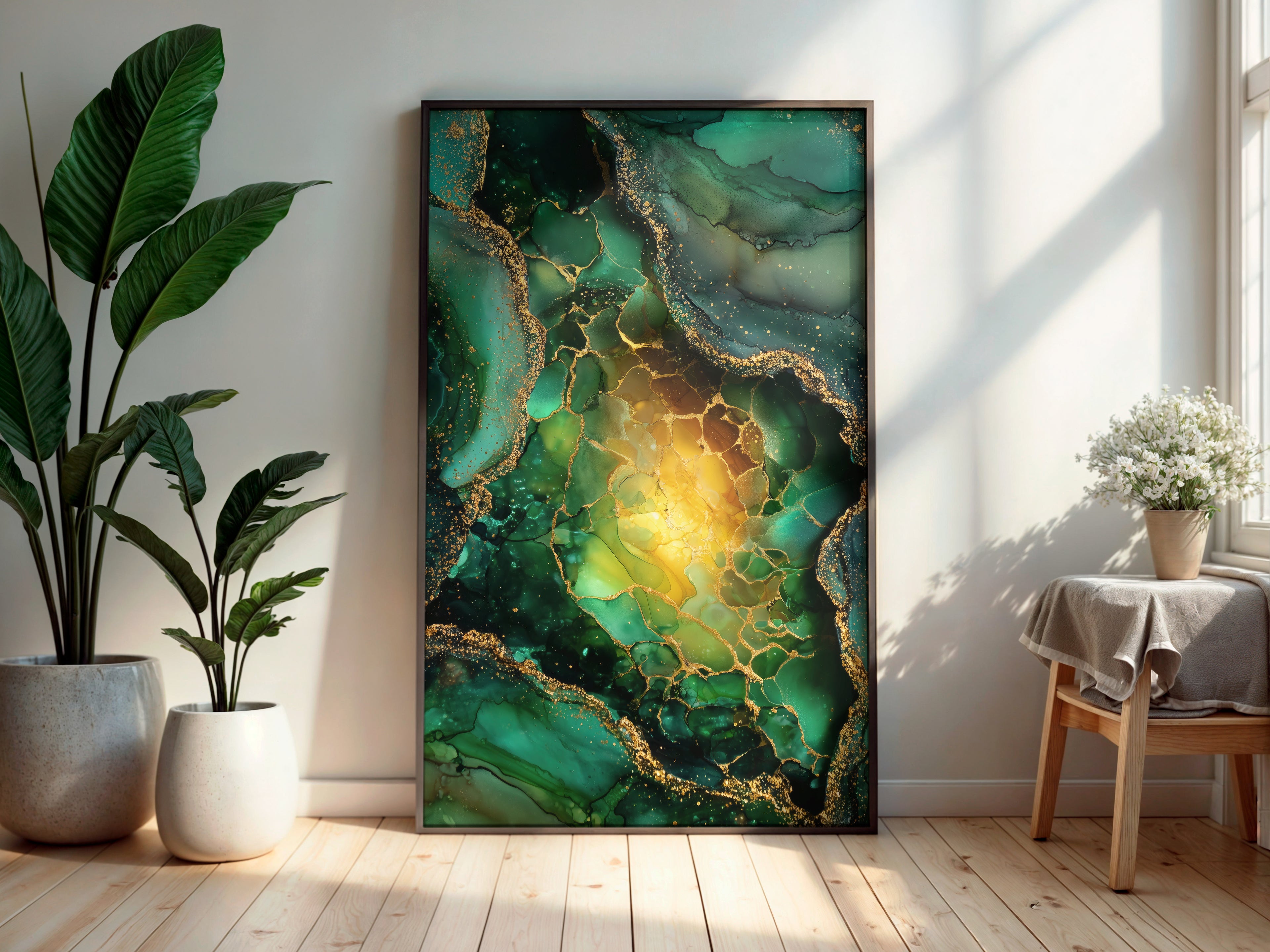 Emerald Gold printable wall art displayed in a secondary lifestyle interior setting