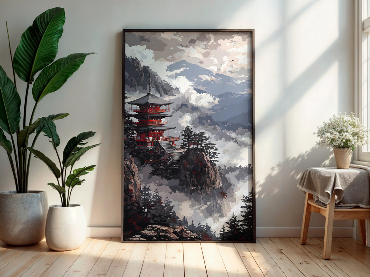 Mist Temple Ridge wall art — final artwork — five-tier red pagoda on rocky mountain ridge above billowing cloud sea with layered grey-blue mountain peaks