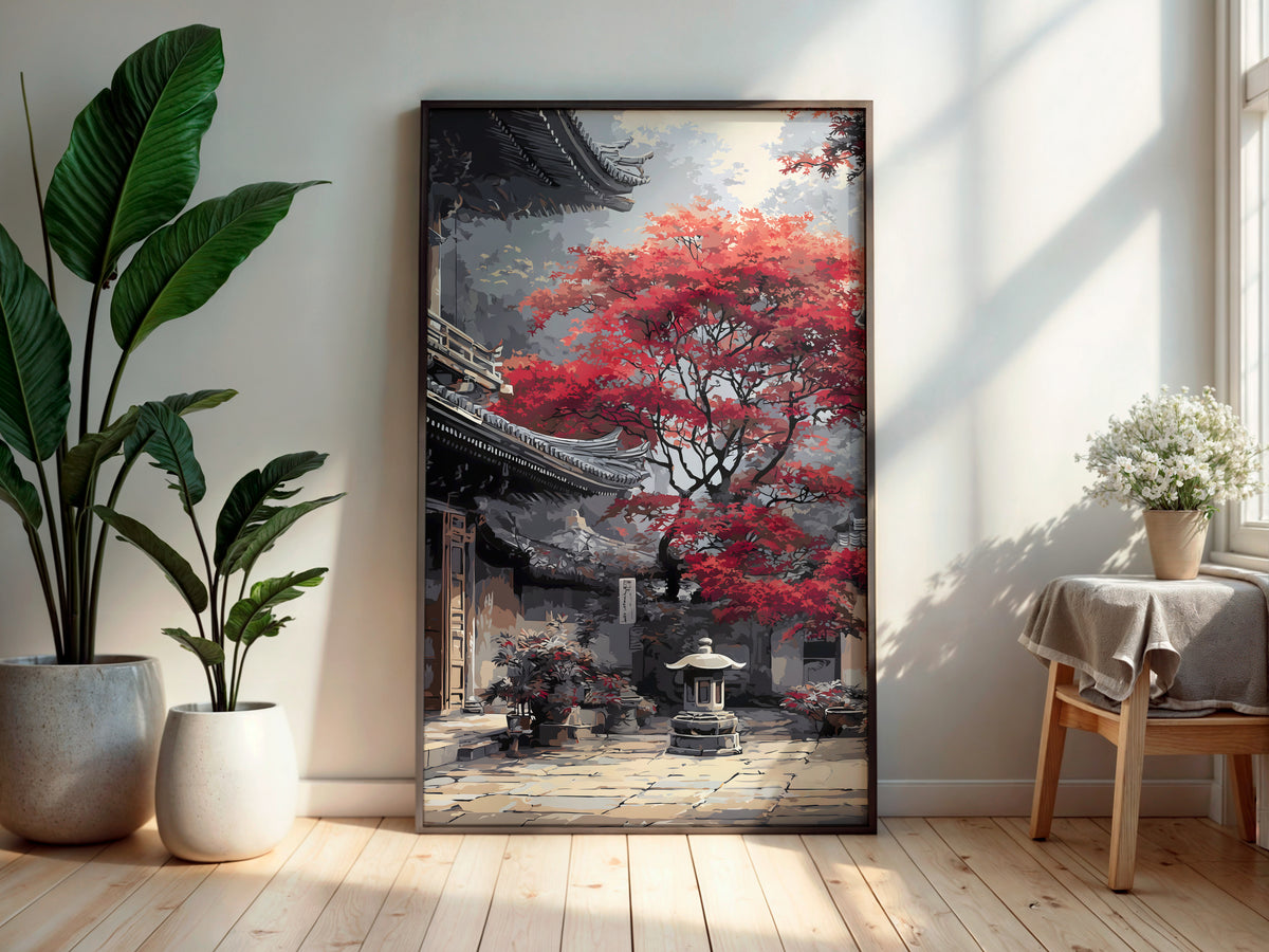 Crimson Courtyard Light wall art — final artwork — stunning crimson maple rising above Japanese temple courtyard with stone lantern and curved roof eaves