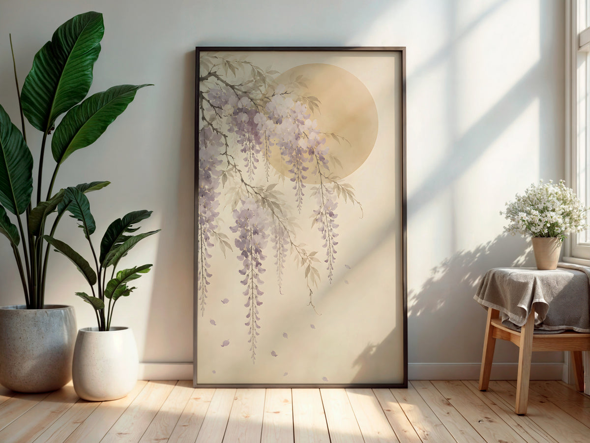Ivory Wisteria Fall in a secondary interior — printable Japandi wall art for bedrooms and living rooms