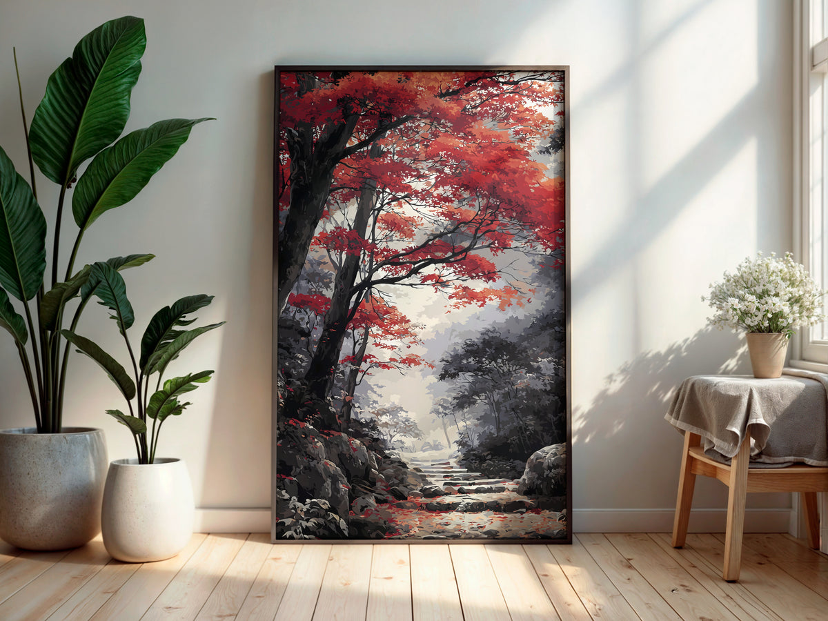 Maple Stone Path wall art — final artwork — vivid crimson maple against deep charcoal forest and pale grey-white mist
