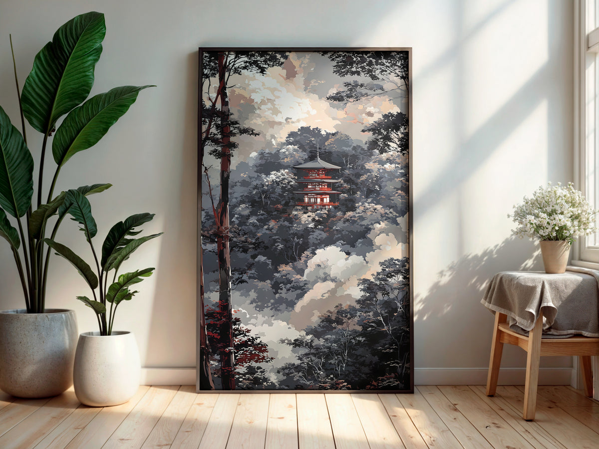 Temple Forest Passage wall art — final artwork — three-tier red pagoda floating in billowing forest mist between dark cedar trunks and warm peachy sky