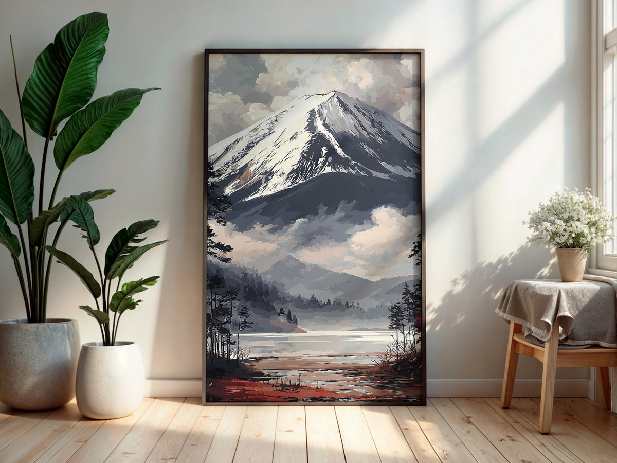 Fuji Mist Horizon wall art — final artwork — massive cool grey-blue Fuji with deep charcoal pine silhouettes and warm reddish-brown foreground
