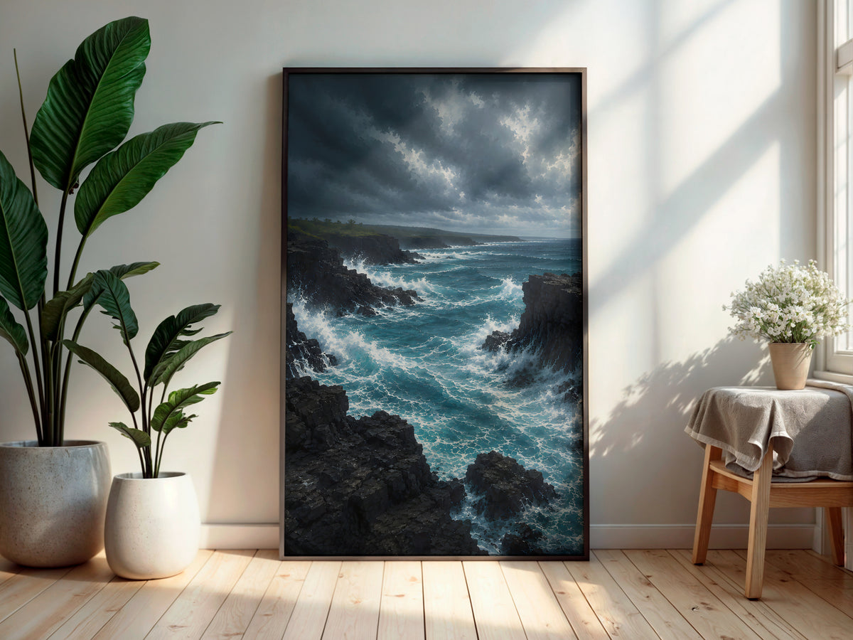 Black Volcanic Coastline in a secondary interior — printable Mauritius wall art for living rooms and dramatic spaces