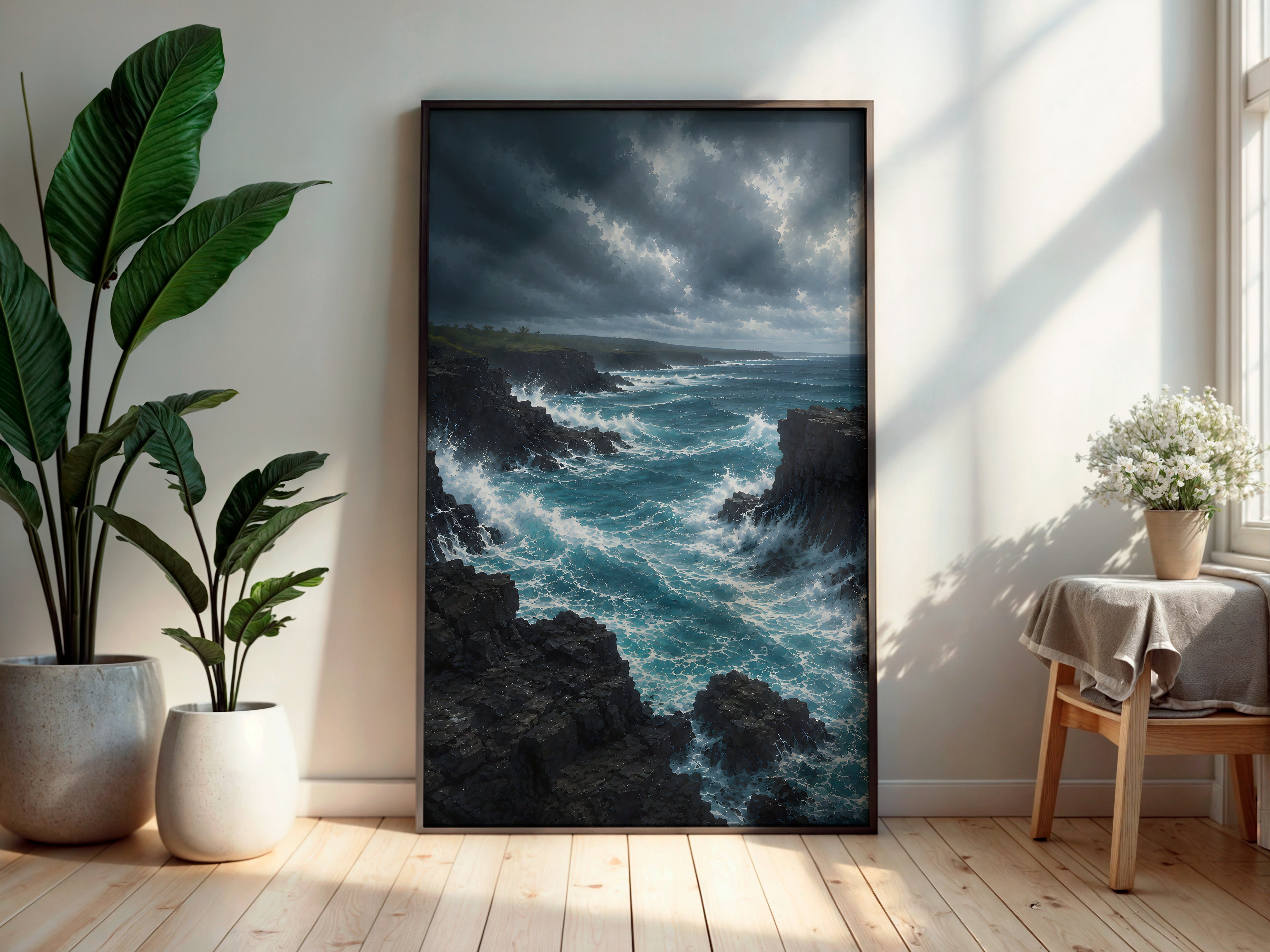 Black Volcanic Coastline in a secondary interior — printable Mauritius wall art for living rooms and dramatic spaces