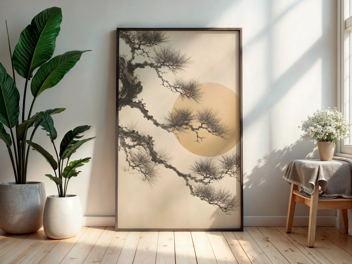 Ivory Pine Sun Silhouette in a secondary interior — printable Japandi wall art for living rooms and offices