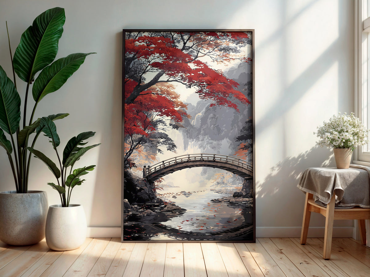 Crimson Bridge Reverie wall art — final artwork — perfectly arched Japanese bridge with crimson maple and misty waterfall cliff through the arch