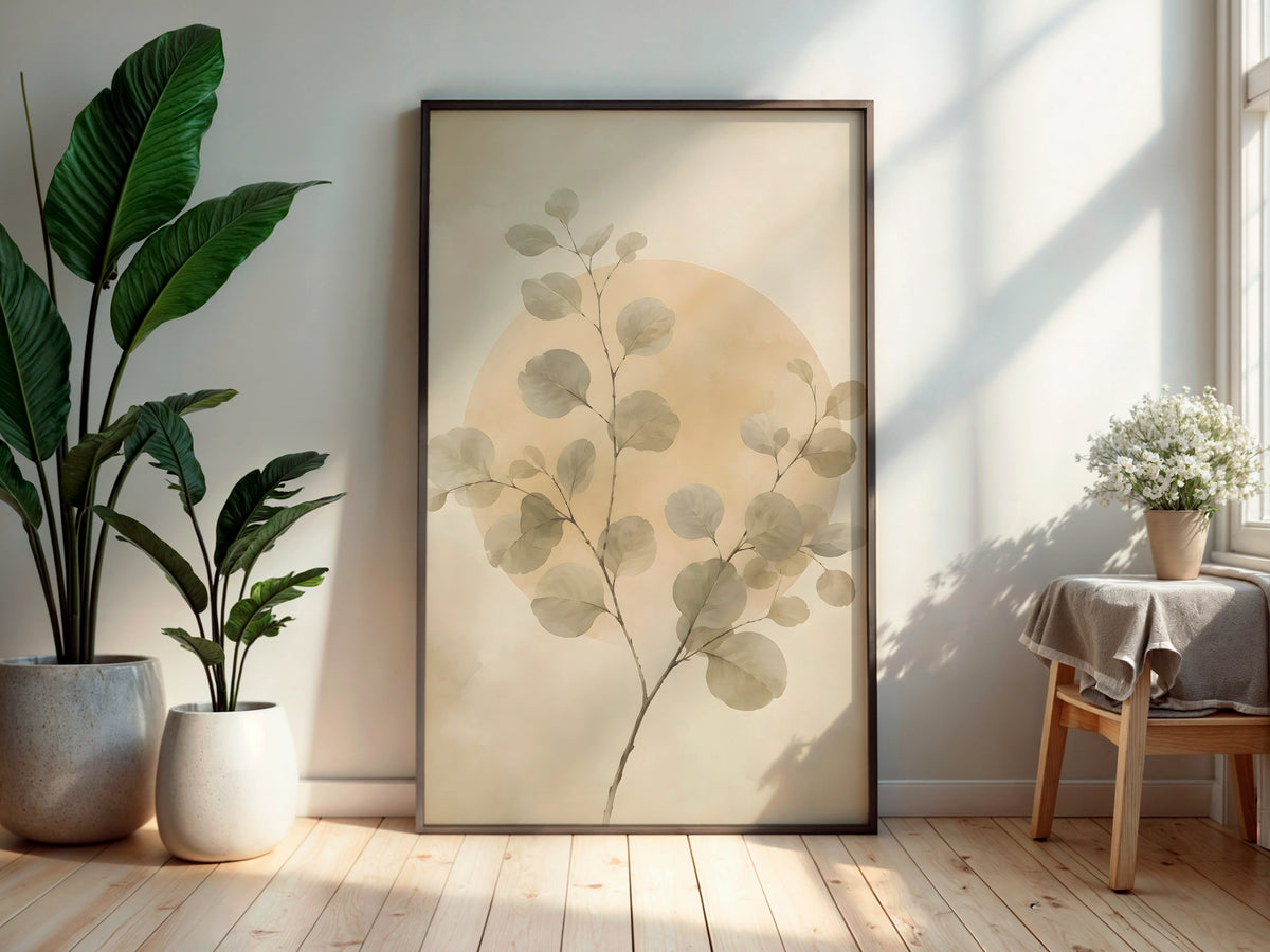 Ivory Eucalyptus Balance in a secondary interior — printable Japandi wall art for living rooms and offices