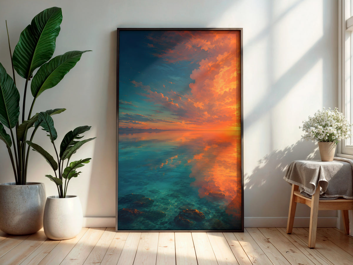 Lagoon Surface Dreaming in a secondary interior — printable Mauritius wall art for living rooms and coastal spaces